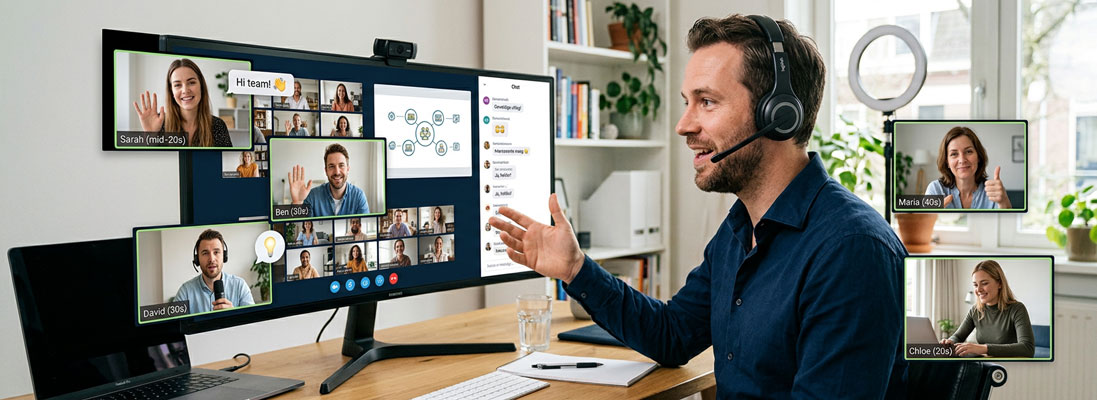 Online training in een virtual classroom met actieve deelnemers en trainer