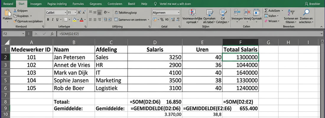 Excelfuncties voorbeeld in werkblad met SOM en GEMIDDELDE