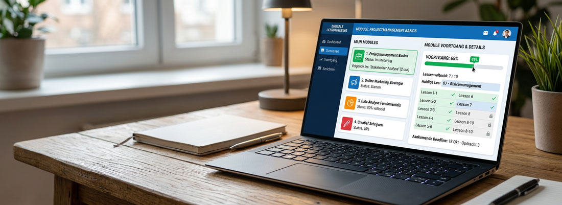 Online e-learning cursus volgen op laptop met modules en voortgang