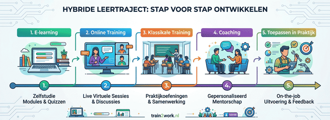 Voorbeeld van een hybride leertraject met e-learning, online training, klassikale sessie en coaching